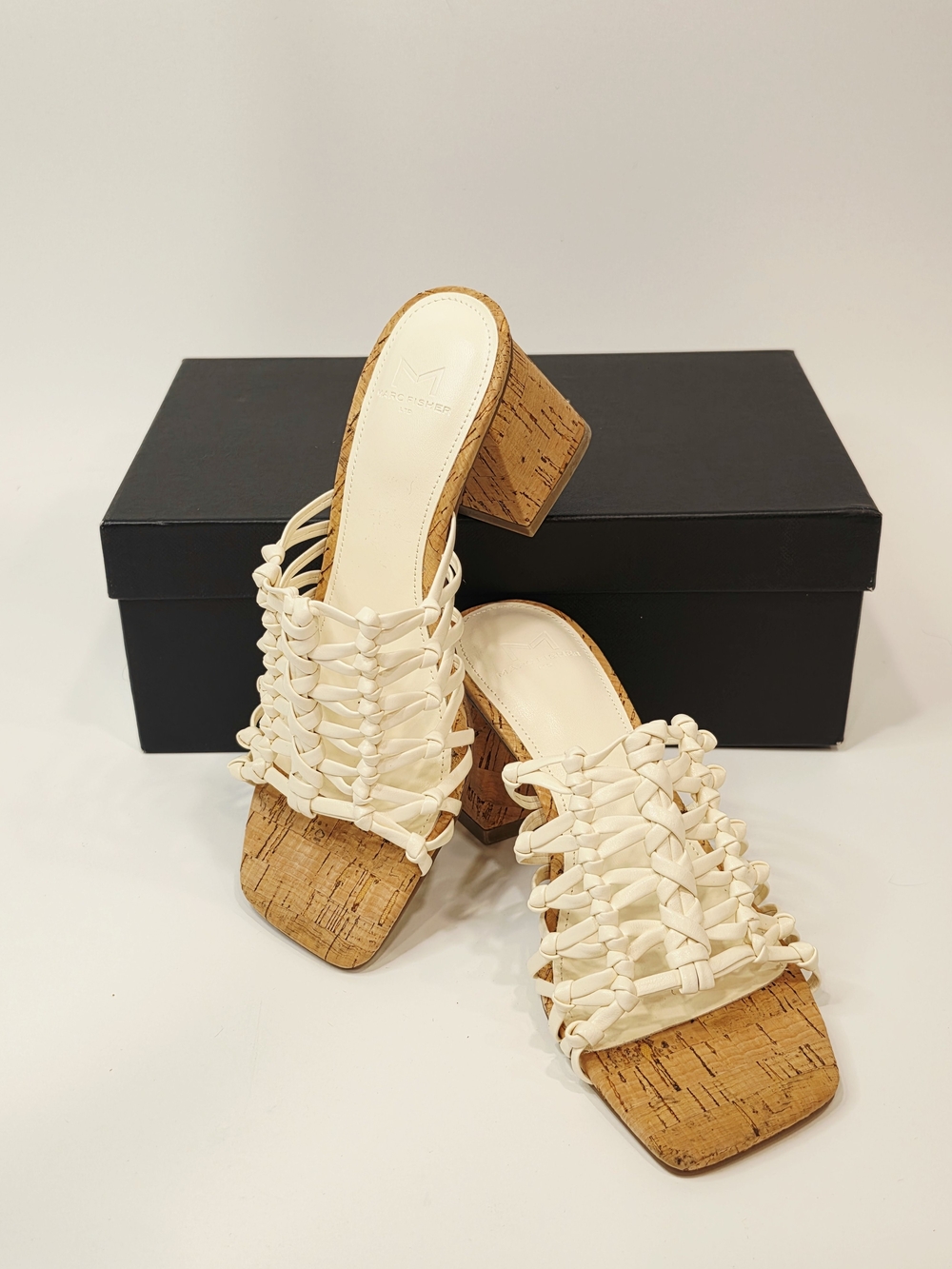Marc Fisher Colica Women’s Ivory Woven Strappy Block Heel Sandals – Size 5M